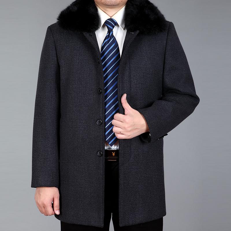 Men Woolen Coat Autumn Wool Jacket Thick Winter Wool Blend Coat Mens Pea Coat Fur Liner Detachable Real Rabbit Fur