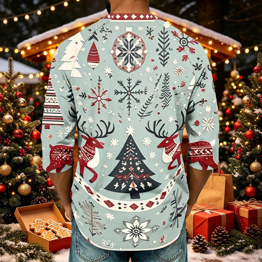 Men's Casual Three-Quarter Sleeve Raglan Shirt with Christmas Print