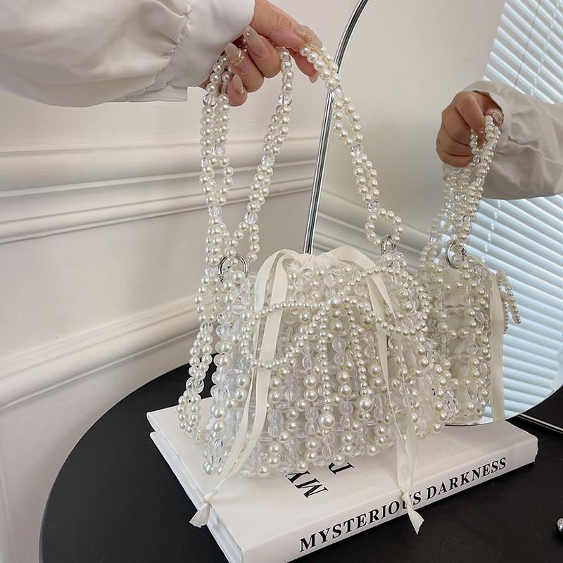 Tiny Acrylic Woven Pearl Chain Crossbody Bag With Butterfly Knot For Womens Daily Outfit