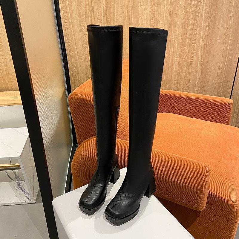 

Сапоги на высоком каблуке женские 2024 новые квадратные каблуки с боковой молнией модные темпераментные тонкие сапоги кожаные сапоги на толстой подошве 39