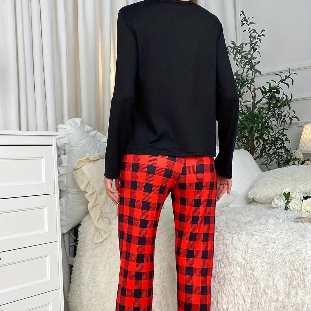 Plaid Pocket Long-Sleeve Pajama Set: Women's European and American Style