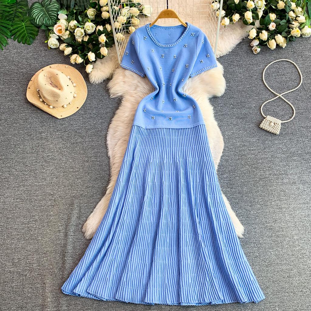 Temperament elegant daughter wind bead round neck dress women's high-end pleated knitted fishtail dress long dress