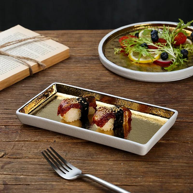 Gold-plated rectangular tray, premium sushi cuisine, barbecue, , Japanese flat , commercial ceramic tableware