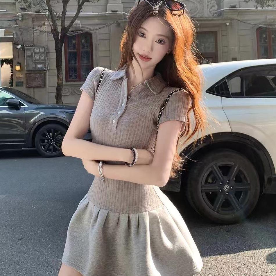 American Patchwork Color Block Polo Dress - Women's Summer Waist-Cinched Slim Fit Mini