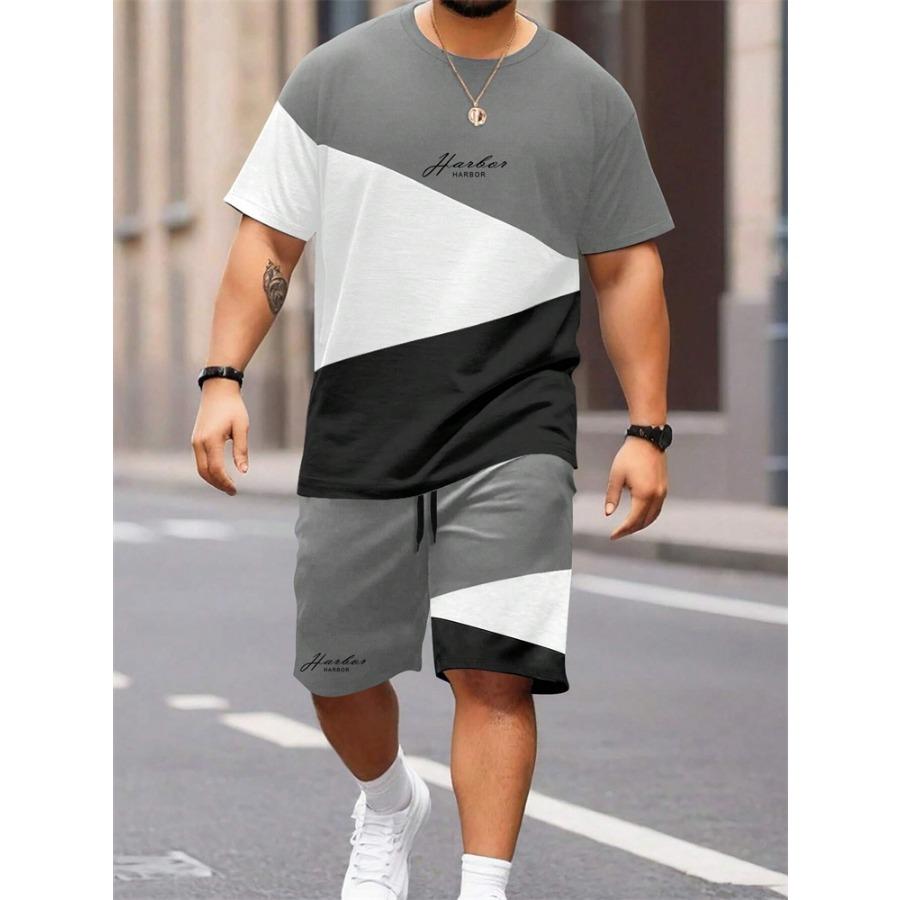 Summer Patchwork Monogrammed T-Shirt Men Crew Neck Short Sleeved Drawstring Shorts Tracksuit Outdoor Street Photography Clothing