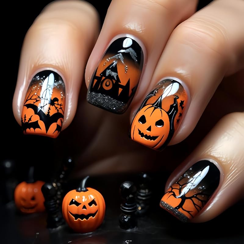 Press on Nails Halloween Square French Tip Fake Nails Mummy and Cobweb Designs Stick on Nail Nude Color Acrylic Nail Halloween Glue on Nails Full