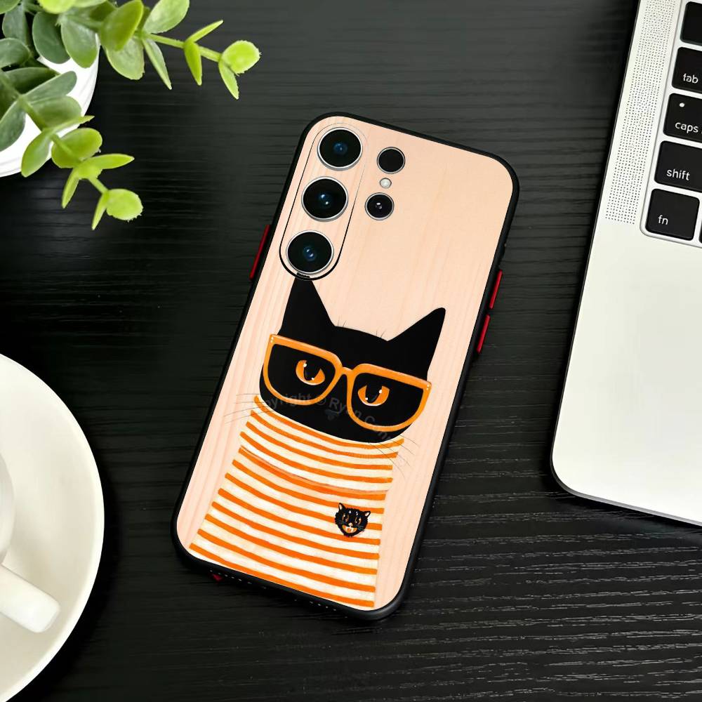 Striped Shirt Coffee Cat Phone Case For Samsung S26,S25,S24,S23,S22,S21,S20,Ultra,Plus,FE Black Soft Cover