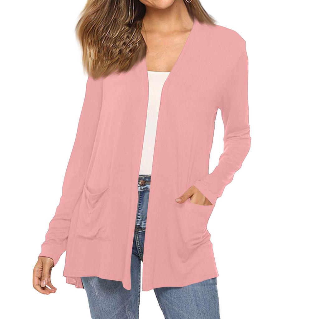 Women's Fashion Solid-Colour Long-Sleeved Pocketed Slim-Fit Cardigan Jacket