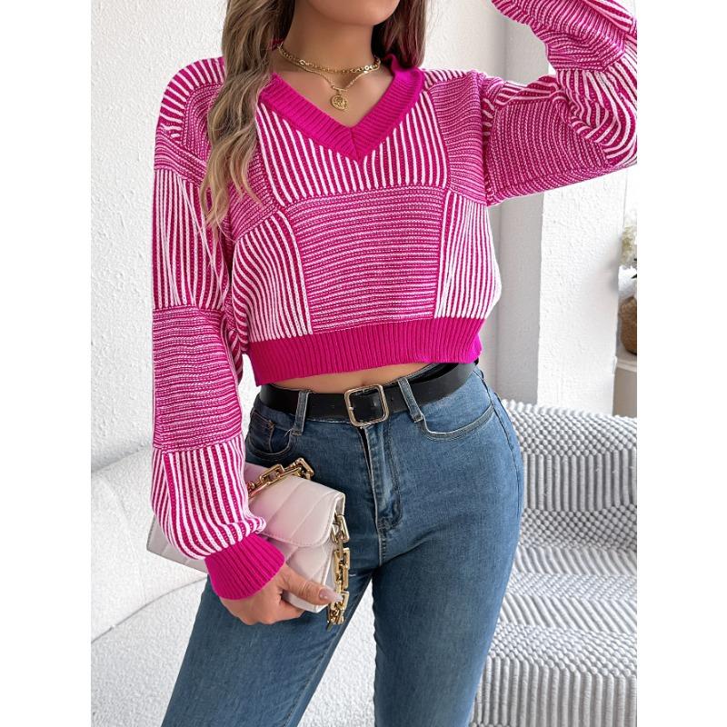 Lässiger Pullover mit gestreiften Laternenärmeln für Damen im Herbst und Winter