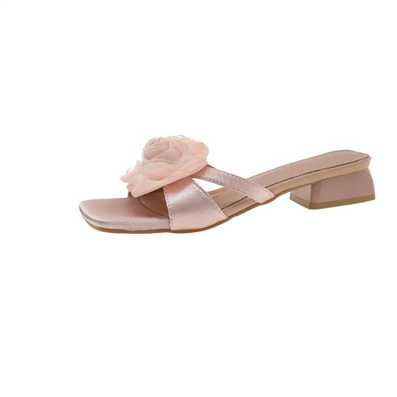 Ladies' Slippers Flower Low Luxury Slides 2025 Summer Designer Soft Rome Fabric Casual Rubber Hoof Heels Fashion Fl