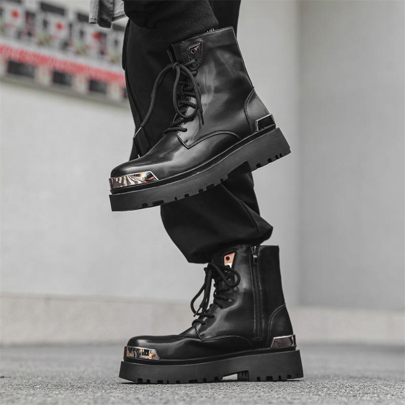 Men's Fashion Leather Boots Luxury Designer Style Office Party Outdoor Autumn and Winter Thick Soled Shoes Black Versatile