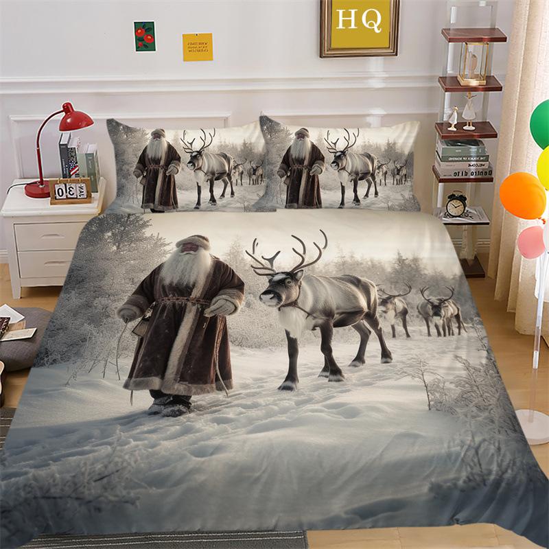 Jultomte Älg 3D-printad Polyester Kuddfodral Täcke Överdrag Två Eller Tre Delars Set
