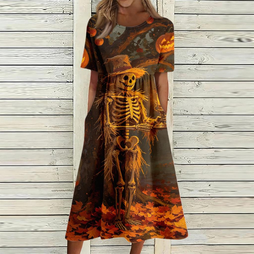 Women's Casual Round Neck Dress with Pockets Halloween Print for Party and Everyday Wear