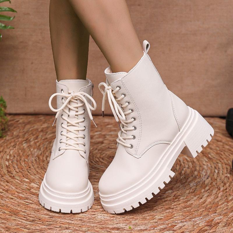 

Platform Fleece Cotton Boots Women Winter New Round Toe Front Lace-Up Side Zipper Anti-Slip Wear-Resistant Block Heel Boots 35 бежевый