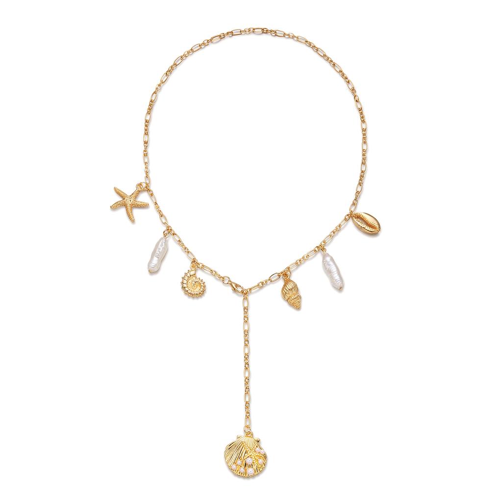 Elegant Starfish Shell Conch Y-shaped Necklace for Women Boho Irregular Imitation Pearl Pendant Chain Party Jewelry Gift