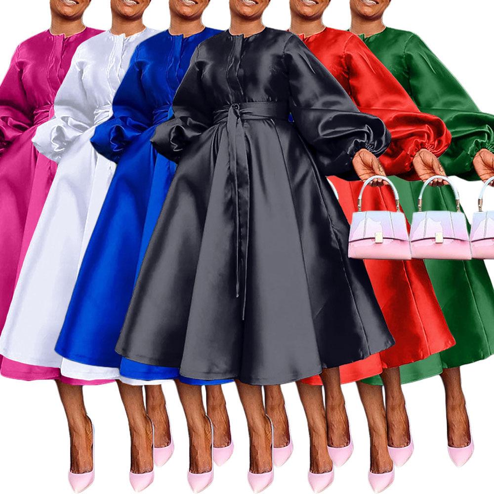 

European & American Women s Solid Color Shiny Lantern Sleeve Dress M красный