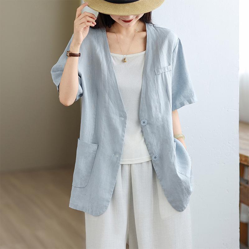 Women s Summer Retro Cotton-Linen Short-Sleeve Suit Jacket M