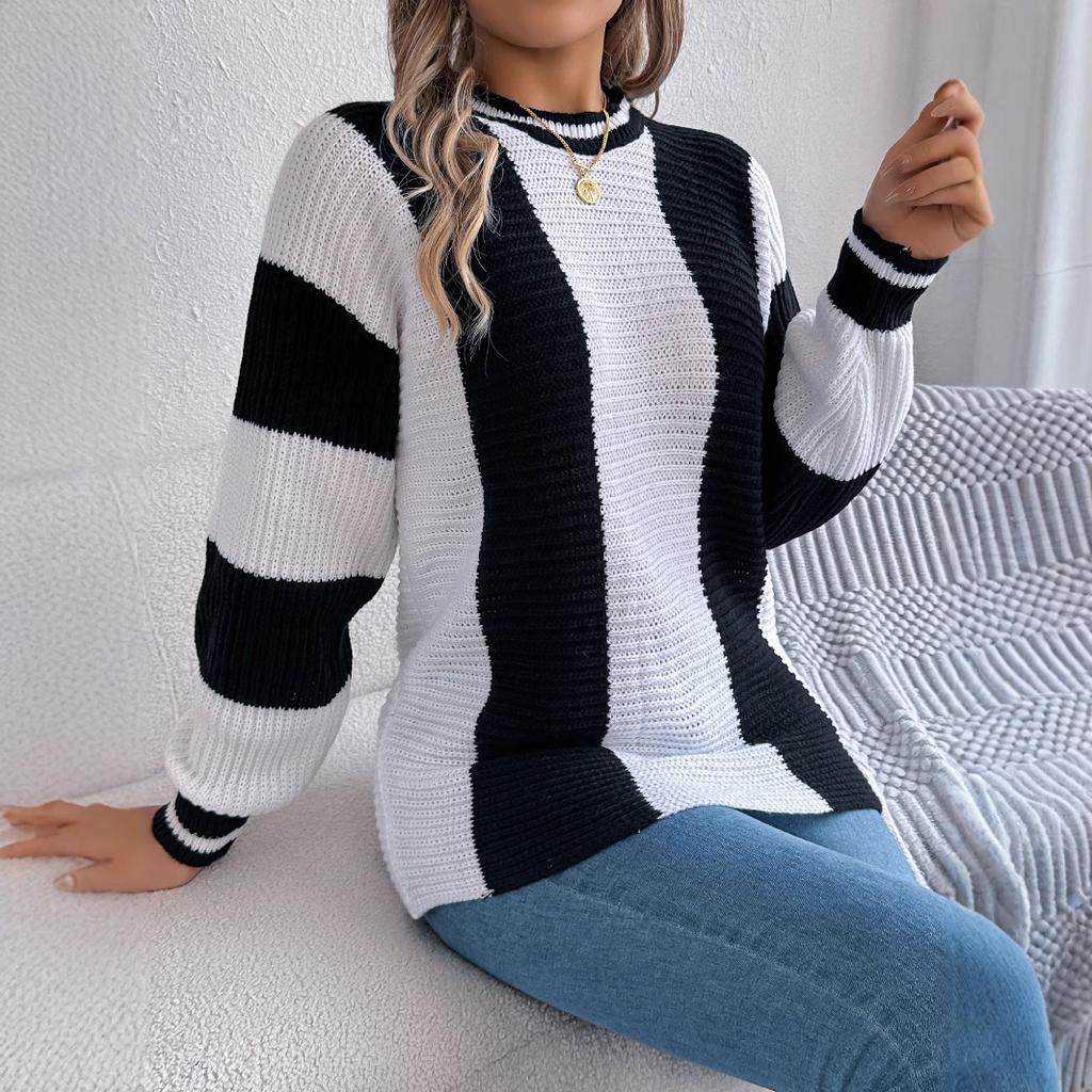 GMXIA Autumn and Winter Casual Color-blocking Striped Lantern Long-sleeved Pullover Sweater Women's Wear