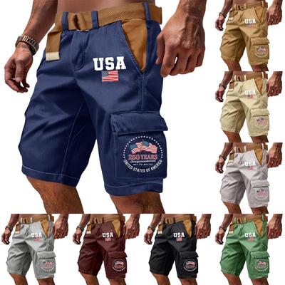 Herren Casual Mehrere Taschen Cargo Shorts mit Schriftzug und Flaggenprint Funktionale Outdoor Arbeitskleidung Shorts ohne Gürtel