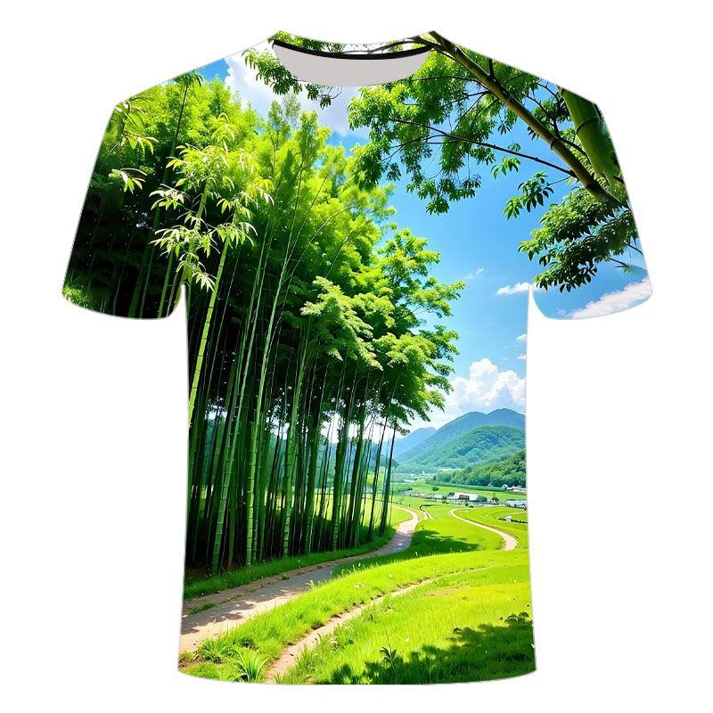 2024 summer new 3D printed short sleeved personalized creative trend bamboo forest series men's and women's round neck T-shirt