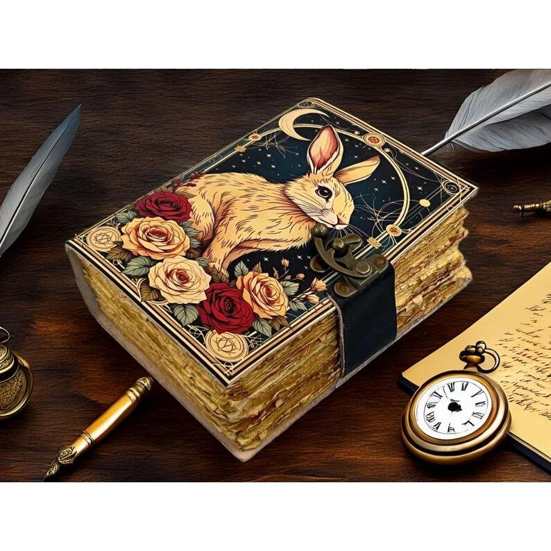 Handmade Leather Journal – Rabbit & Roses • Travel Diary / Sketchbook • Gift for Animal Lover