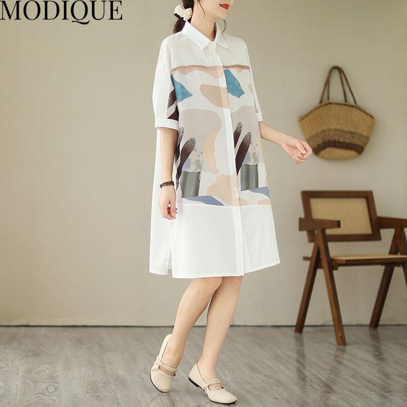 MODIQUE Summer Plus Size Women Cotton Linen Spliced Blouse Shirts Printing Summer Office Lady Coats Oversize Buttons
