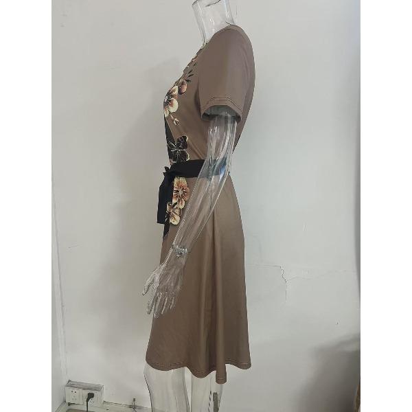 Temperament Commuting Belt Short Sleeved Round Neck Printed Women's Dresses