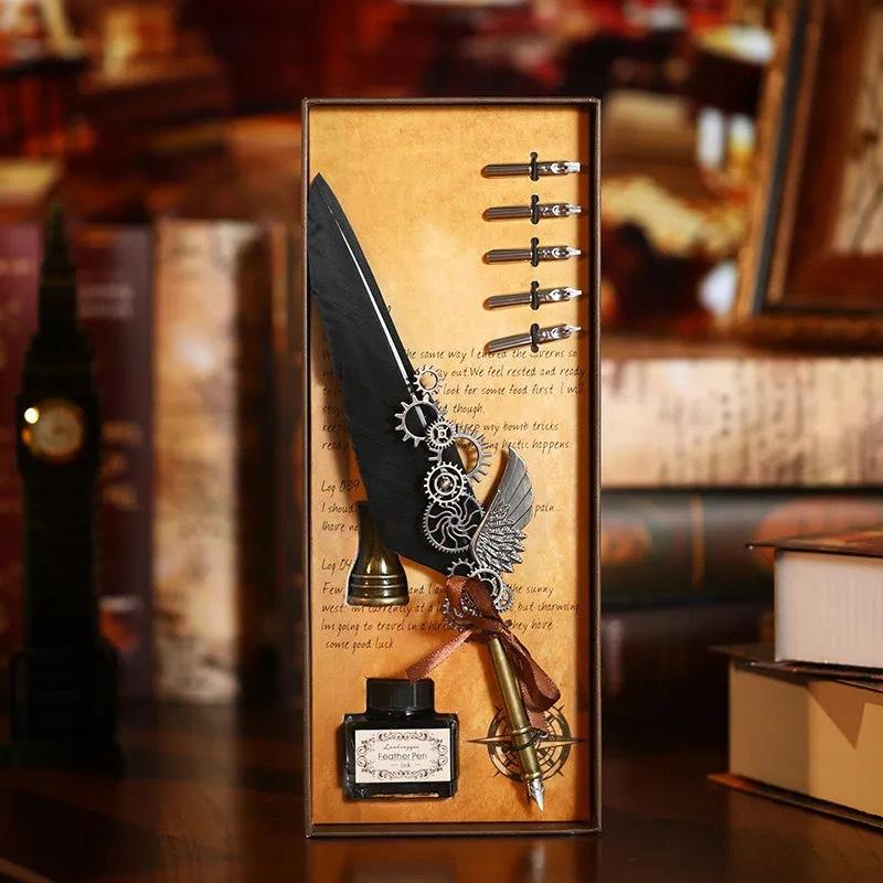 Veer Pen Uil Dip Pen Mechanische Tandwiel Inktzak Pen Geschenkdoos Verjaardagscadeau