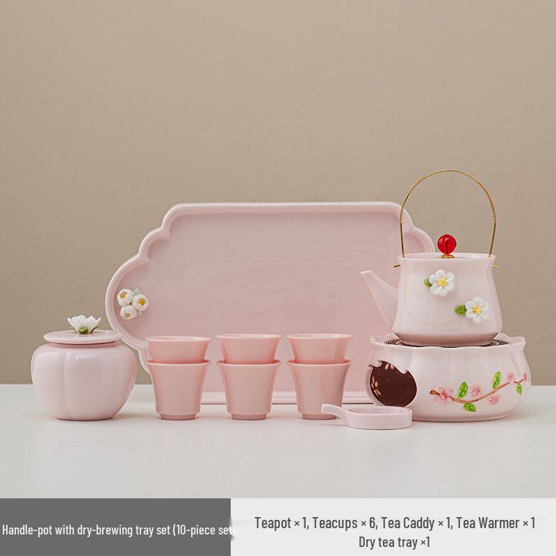 Women's Pink Ceramic Gongfu Tea Set with Teacup, Saucer, and Floral Handle Pot