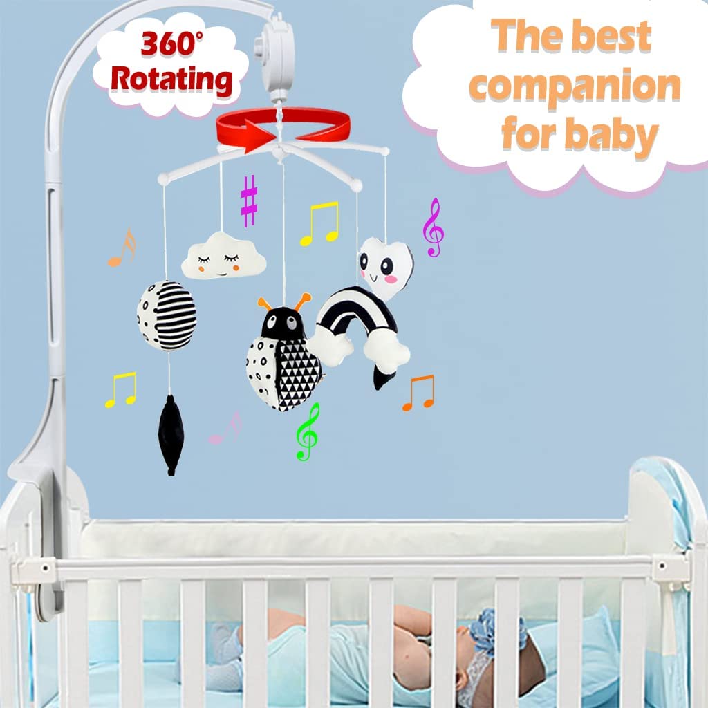 Baby Crib Mobile for Crib with Hanging Rotating Toys, Nursery Mobile with Music Box, Black and White Mobile for Baby Newborns 0-24 Months