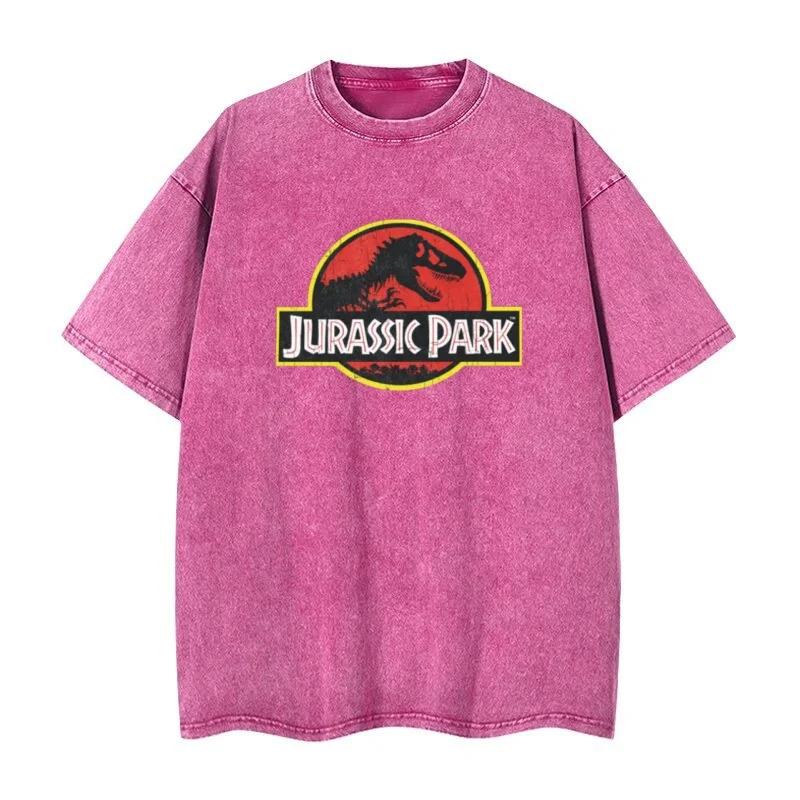 Jurassic Park washed retro Tshirt streetwear hiphop retro Tshirt Unisexs and Womens summer casual shirt