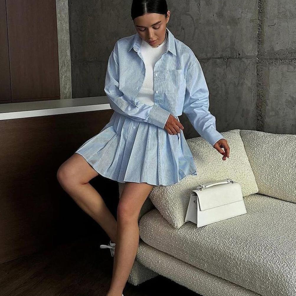 

Полосатая рубашка с длинным рукавом Женский теннисный комплект Модный повседневный Эластичная талия Плиссированная юбка Костюм-двойка L синий