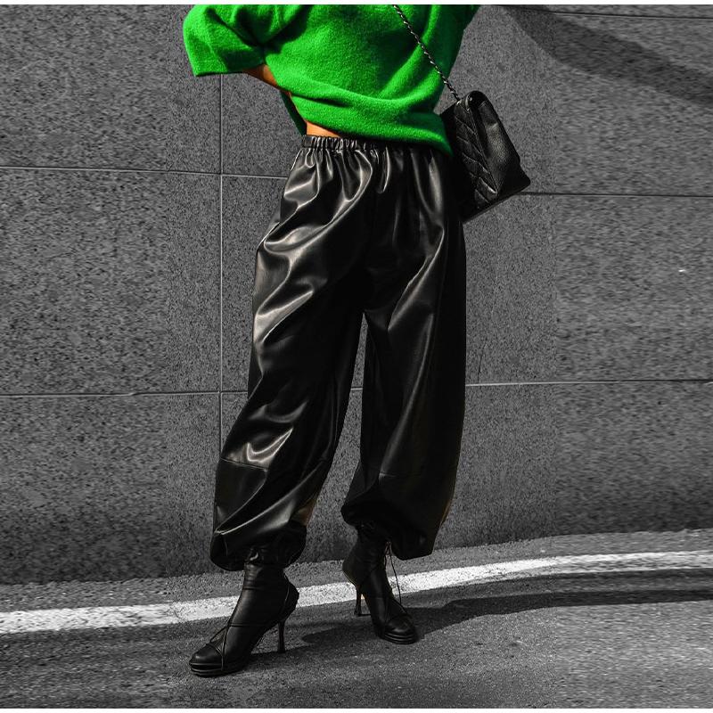 Drawstring Drawstring Lantern Leather Pants Women's Solid Color Autumn and Winter New Leather Pants Daily All-match Style Women's Pants