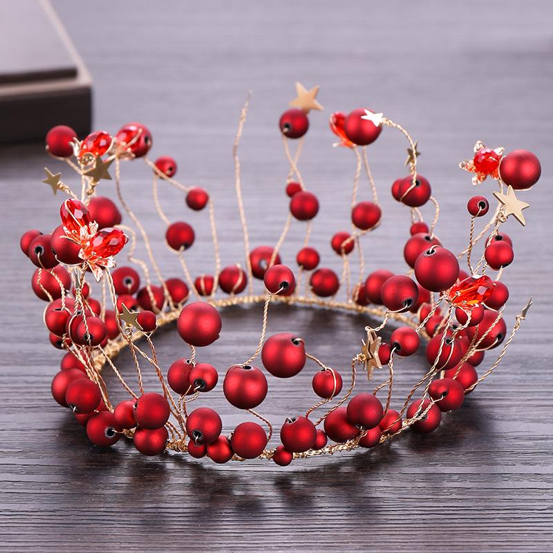 Red Crown Pearl Headdress for Weddings and Birthdays