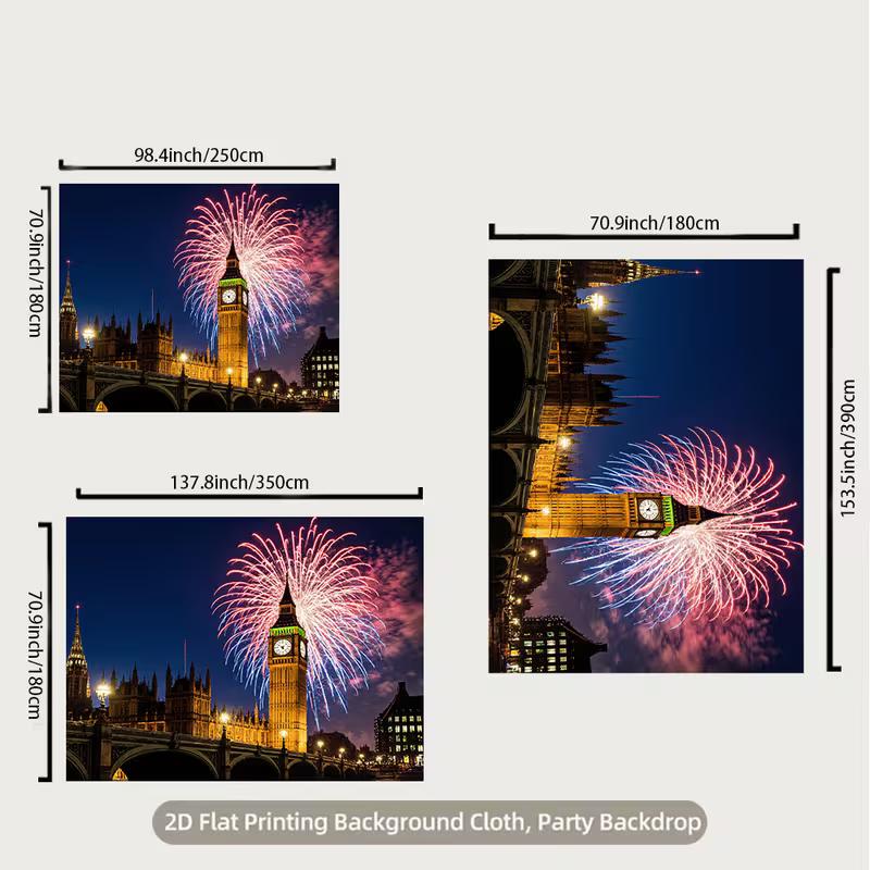 2D UK-Themen-Wandteppich, Big Ben mit Feuerwerk und Westminster Bridge