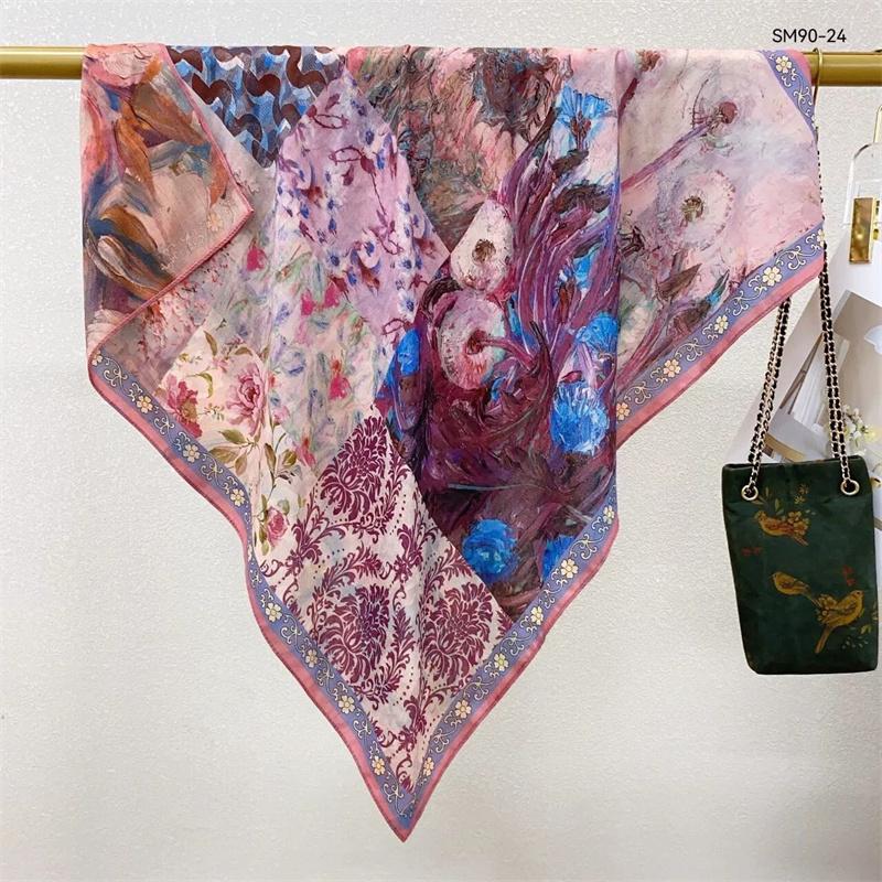 Double-Sided Faux Silk And Wool Printed Scarf For Women Spring And Autumn 90Cm Square Scarf Foulard Bandana Femmel Headscarf