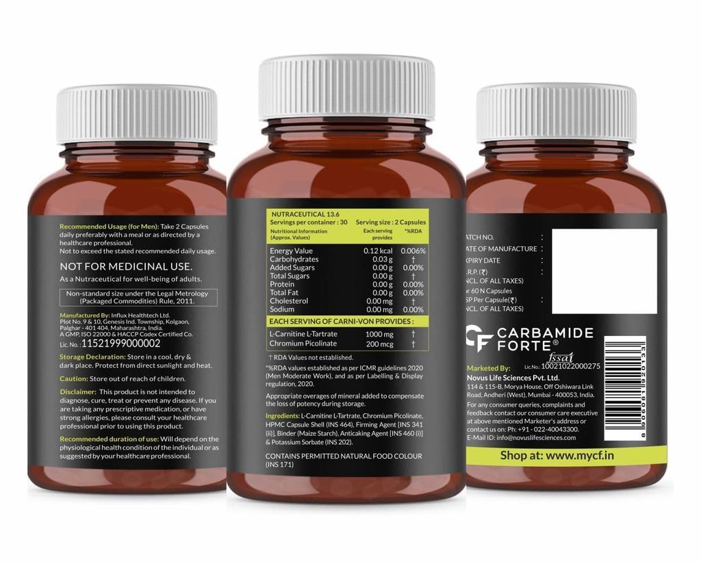 CF Carbamide Forte L Carnitine 1000mg Veg Capsules 60  Pre Workout Energy Support For Men Women Fitness Training