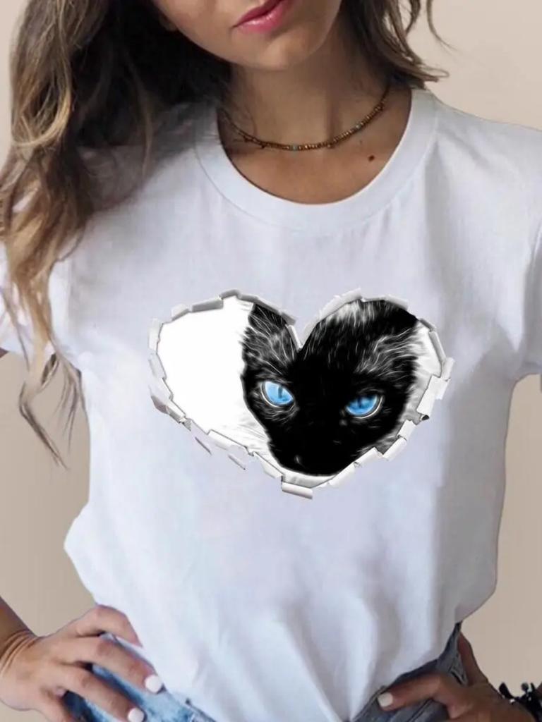 Summer Plus Size Print T Fashion 3D Cat Lovely Trend Cute Women's Clothing Short Sleeve Clothes Summer T-shirts Ladies Graphic Tee
