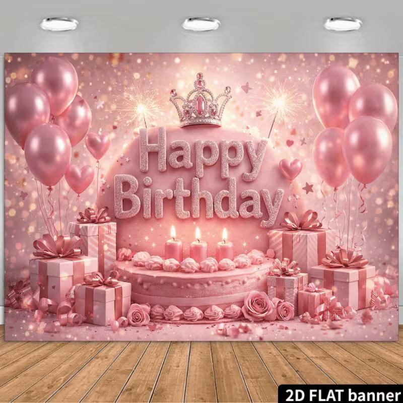 

2D Glitter Pink Happy Birthday Backdrop Cake & Balloon Party Decor Banner 47.2x31.5inch/120*80cm