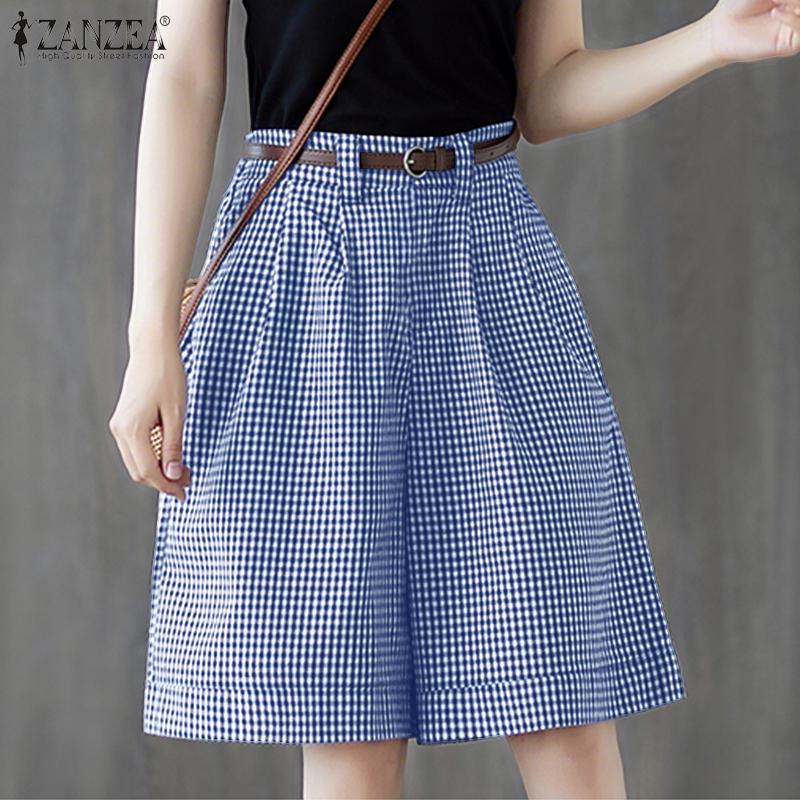 ZANZEA Women Casual Elastic High Waist Loose Plaid Print Shorts