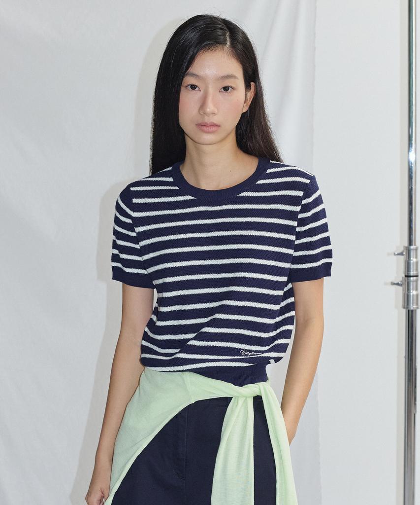 CITYBREEZE Cotton Blend Striped Round Neck Short Sleeve Knit_4 Colors