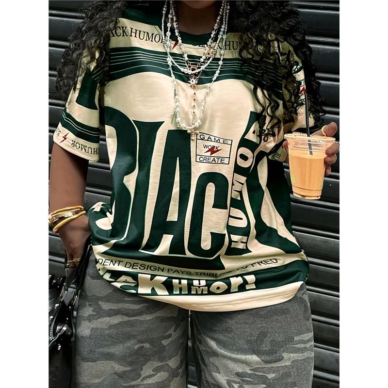 Large American Retro BLACK Printed Short Sleeved T-shirt For Women's Street Style Loose And Slimming Contrasting Half Sleeved Top