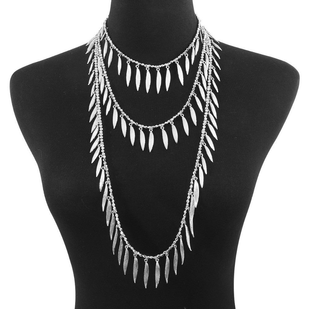 Vintage Beaded Splicing Necklace Alloy Gold /Silver Tassel Necklace Metal Chains Bohemian Style Feather Leaves Charm Necklace