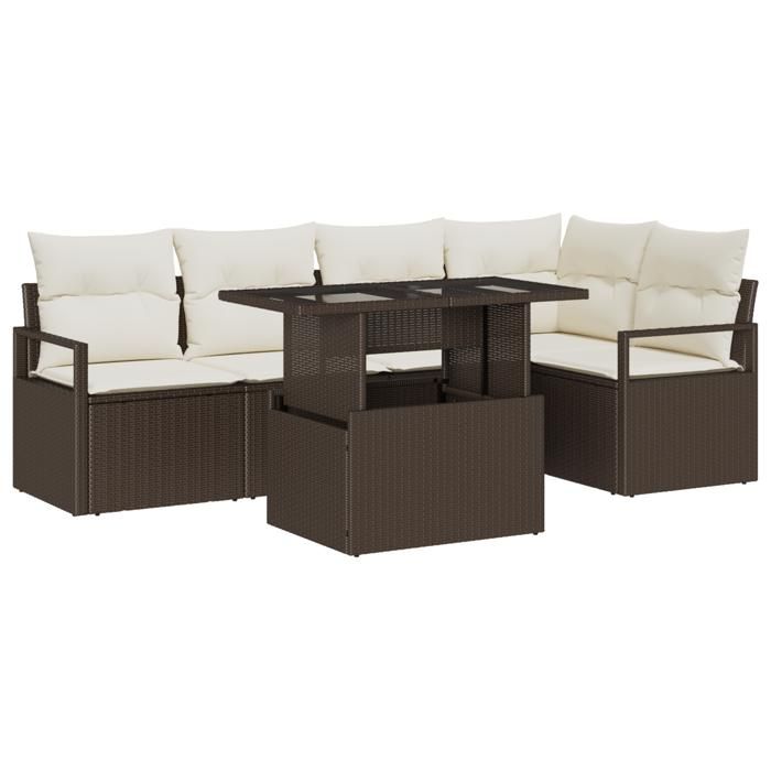 Ensemble de Canapé de Jardin 6 Pièces avec Coussins Marron Poly Rattan, Canapé de Jardin 2 Places avec Rangement et Coussins 3357561