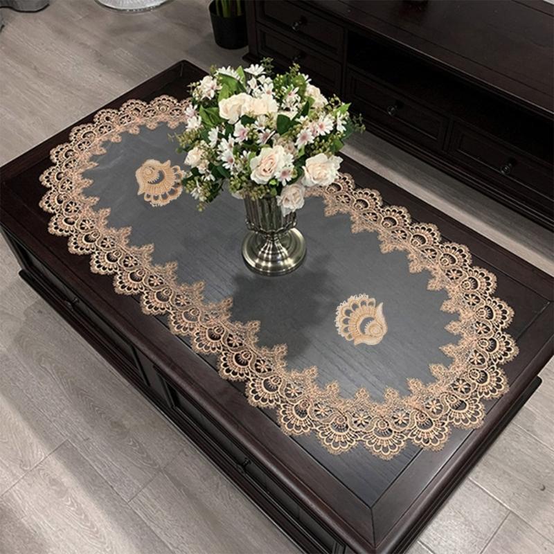 Stylish Coffee Table Cover Polyester Fabric Decorative Tablecloth Embroidery Flower Lace Doily For Dining Office Use