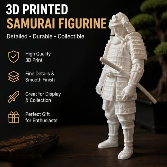 Japanese Samurai Statue, 3D Printed Warrior Figurine, Bushido Decor for Desk Shelf, Collectible Model for Home Office