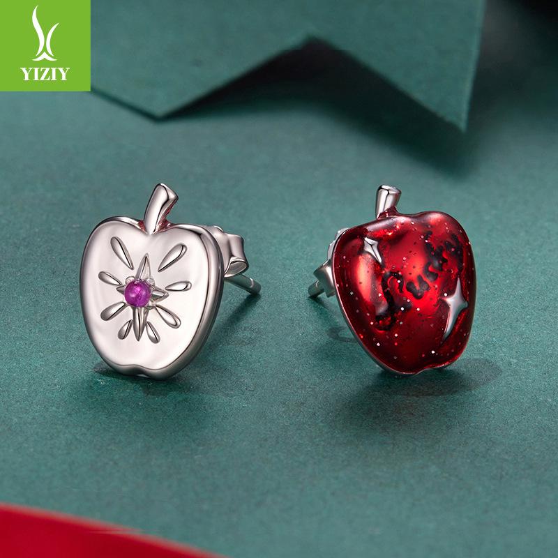 Yinziyun Asymmetrical Christmas Apple Earrings: S925 Sterling Silver Lucky Red Apple Studs