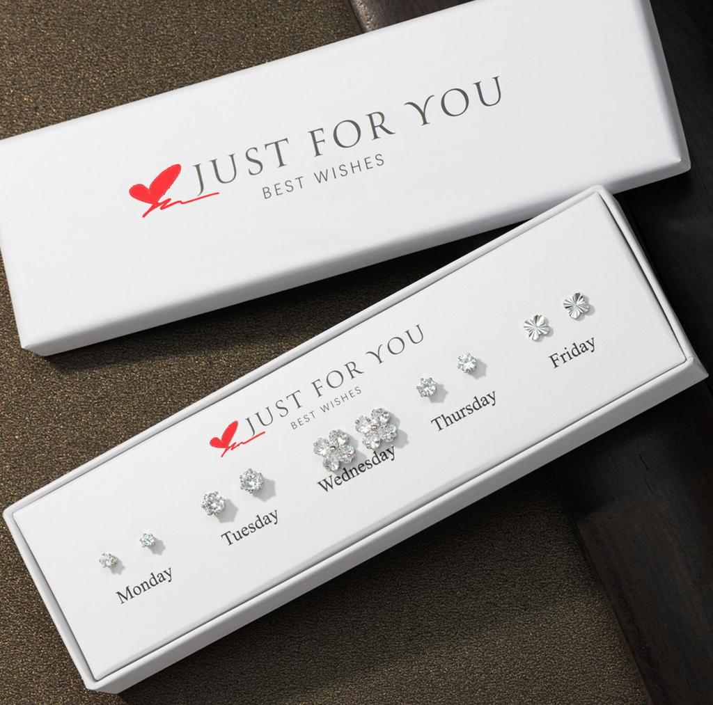 Set Cercei Stud Floare Zircon: 5 Perechi pentru Femei cu Ace de Argint - Cutie Cadou Săptămânală