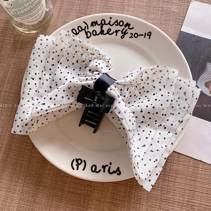 Korean polka dot three-layer mesh smart bow ponytail clip half tie hair back head shark clip clip hair jewelry