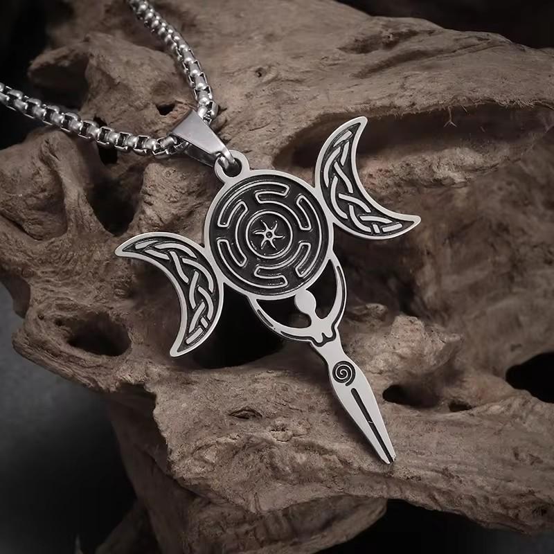 Triple Moon Goddess Healing Witch Knot Greek Mythology Jewelry Pendant Necklace 60CM(Necklace Long)